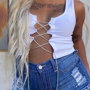 Sorella white lace up top with rhinestones